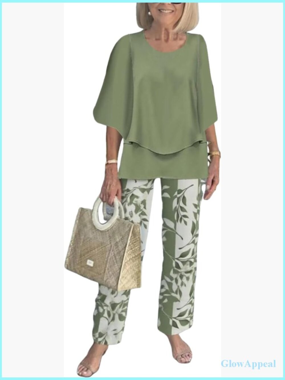 Two Piece Set - 3/4 Sleeve Top & Wide Leg Pants - Matching Lounge Outfit